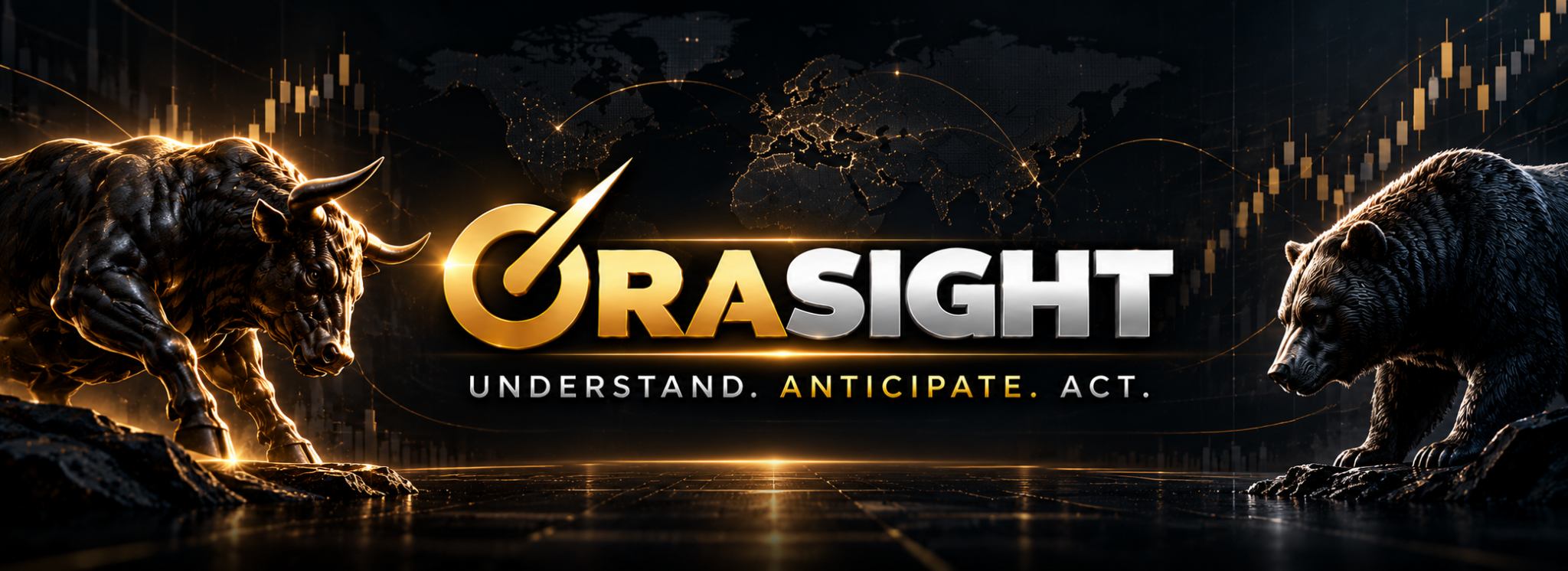 ORASIGHT – Understand. Anticipate. Act. – Bulle und Bär vor einer Weltkarte
